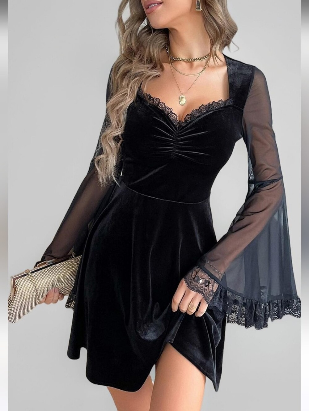 Black Velvet Lace-Trim Fit & Flare Mini Dress Sheer Trumpet Sleeve Witchy Goth